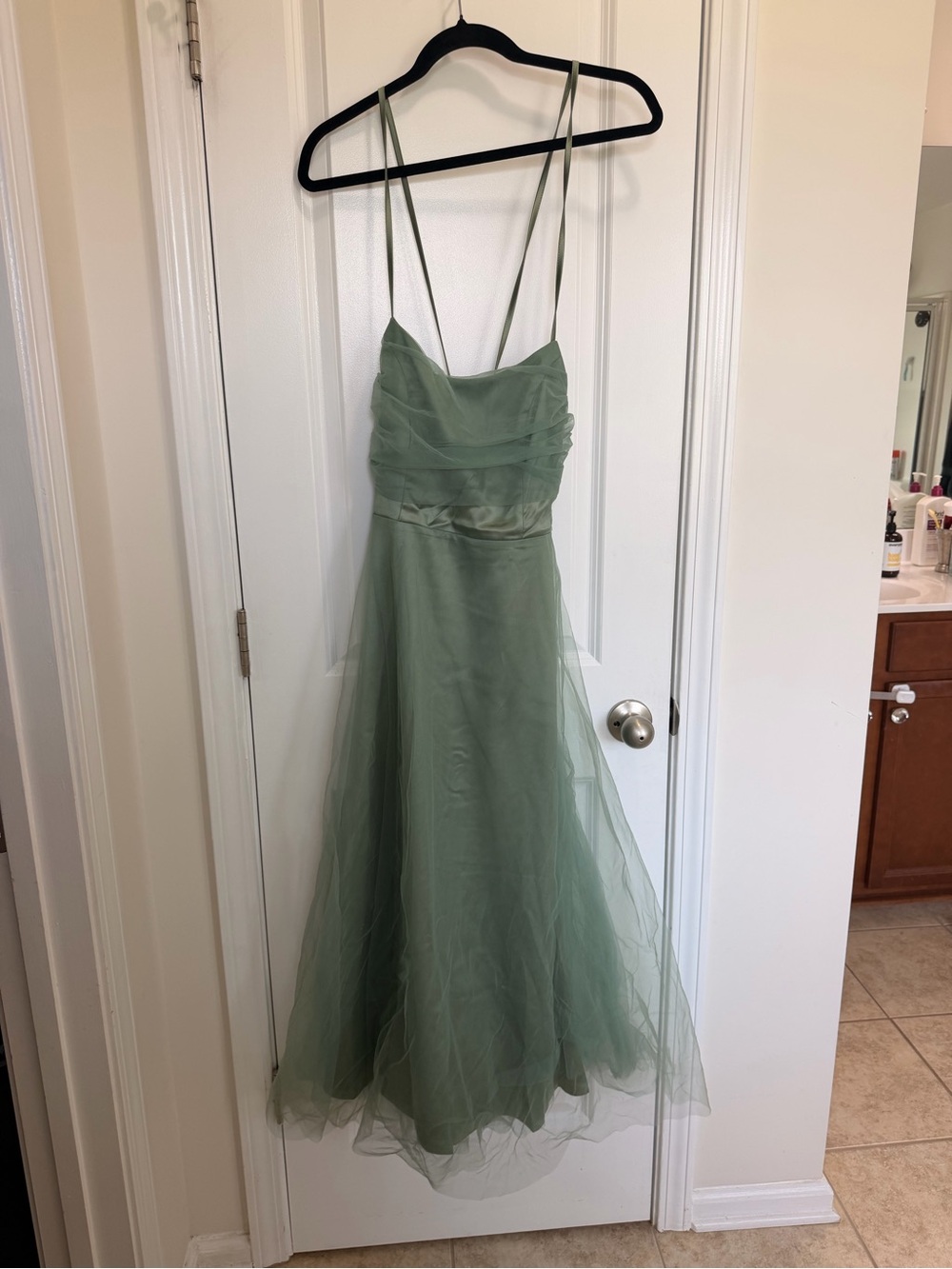 NWT RIHOAS Sage Green Tulle Mesh Lace Up Maxi Dress S